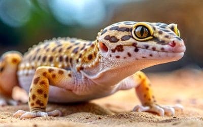 close-up of a colorful gecko with detailed skin and bright eyes on sandy ground.