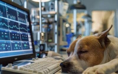 dog sleeping next to a veterinary monitor showing vital signs.
